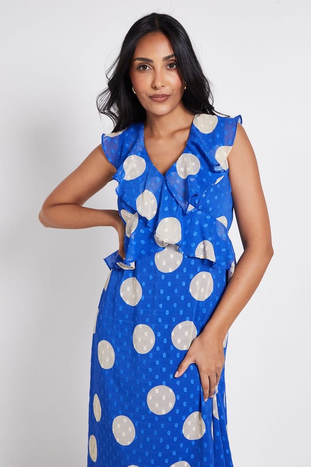 Wallis Wallis Women's Petite Polka Dot Dobby Ruffle Midi Dress in Blue - 2