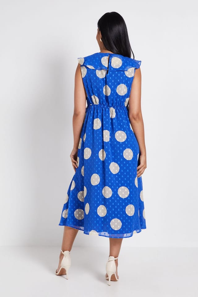 Wallis Wallis Women's Petite Polka Dot Dobby Ruffle Midi Dress in Blue - 3