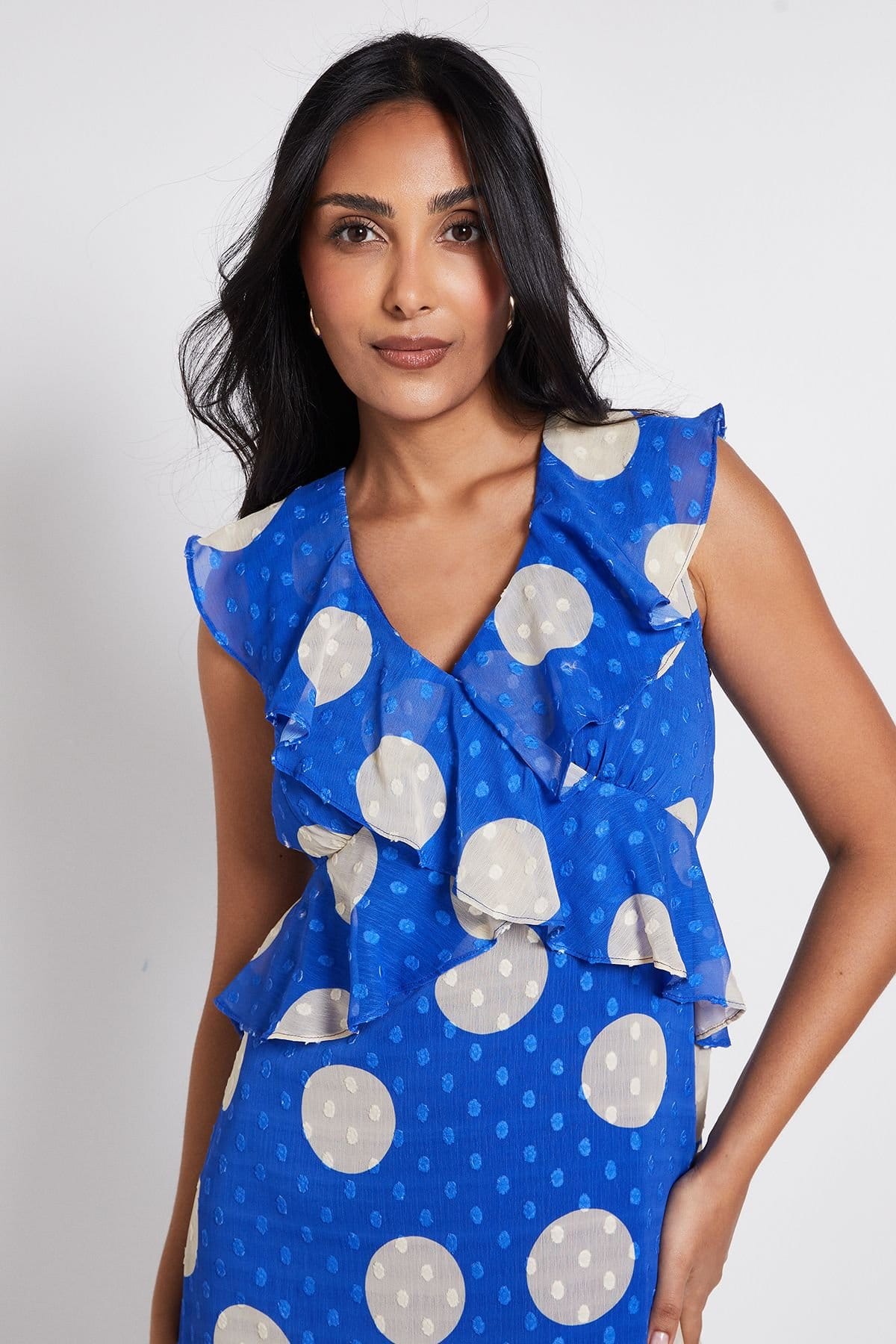 Wallis Wallis Women's Petite Polka Dot Dobby Ruffle Midi Dress in Blue - 4