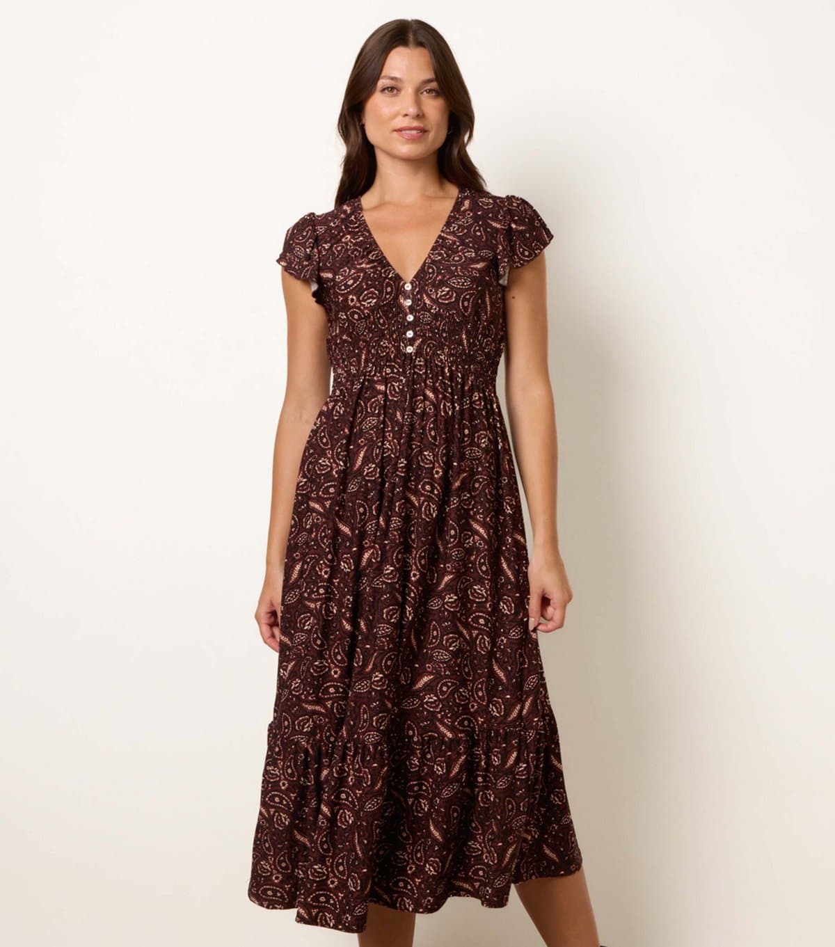 Blue Vanilla Women's Dark Brown Paisley V-Neck Midi Dress Blue Vanilla New Look