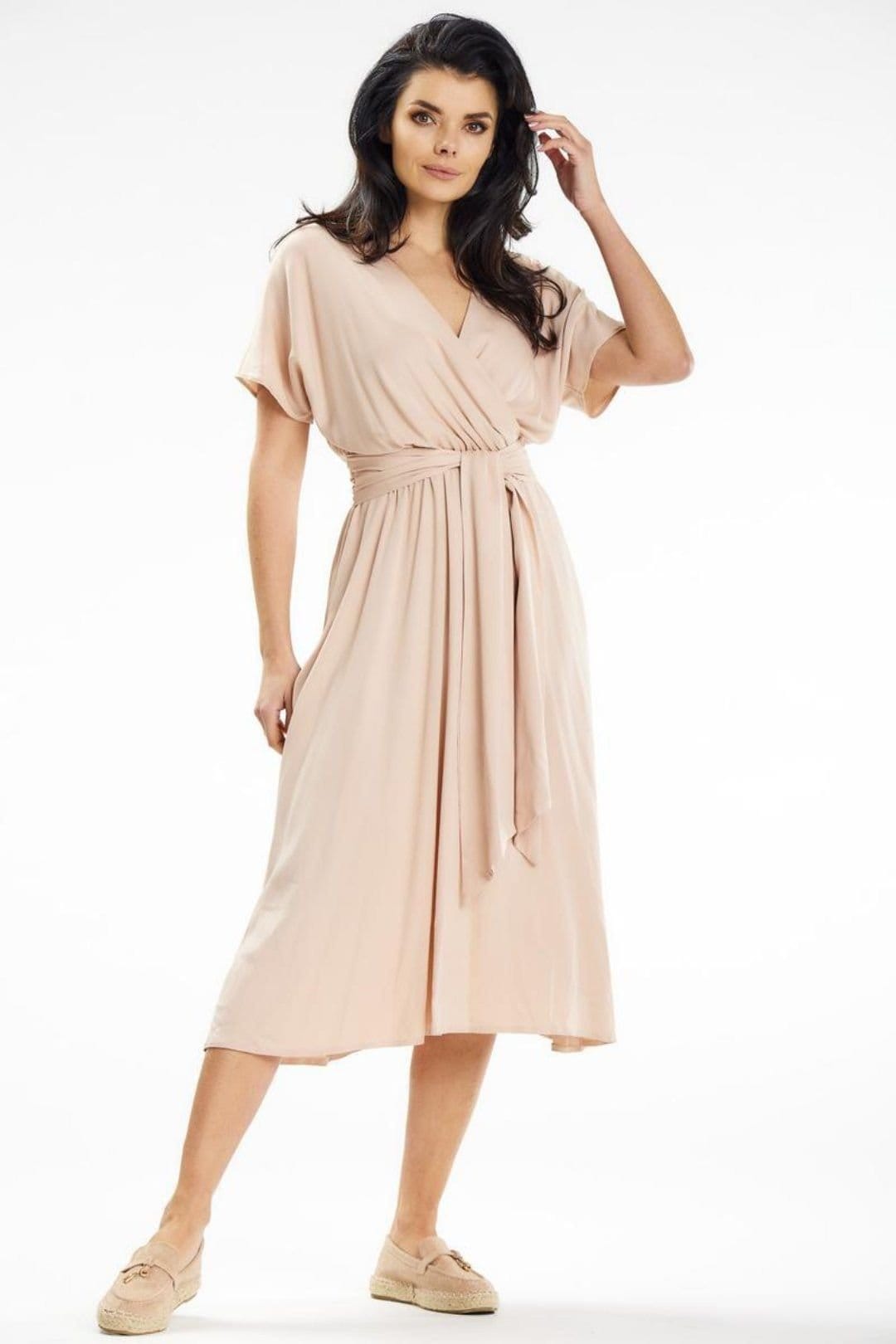 Love Lace Love Lace Women's Flared Midi Dress Envelope Top Kimono Sleeves in Beige - 1