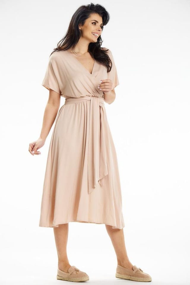 Love Lace Love Lace Women's Flared Midi Dress Envelope Top Kimono Sleeves in Beige - 2