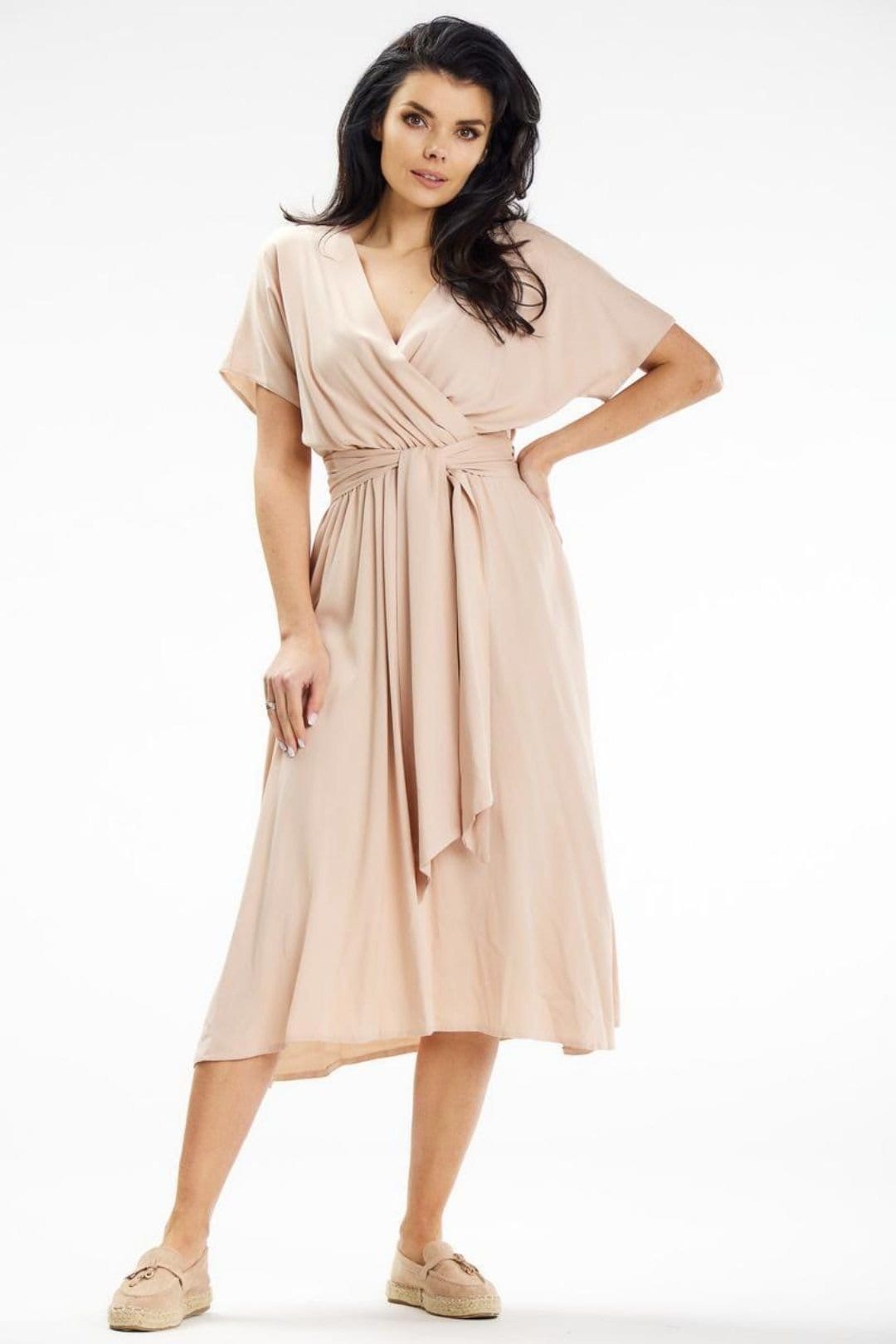 Love Lace Love Lace Women's Flared Midi Dress Envelope Top Kimono Sleeves in Beige - 4