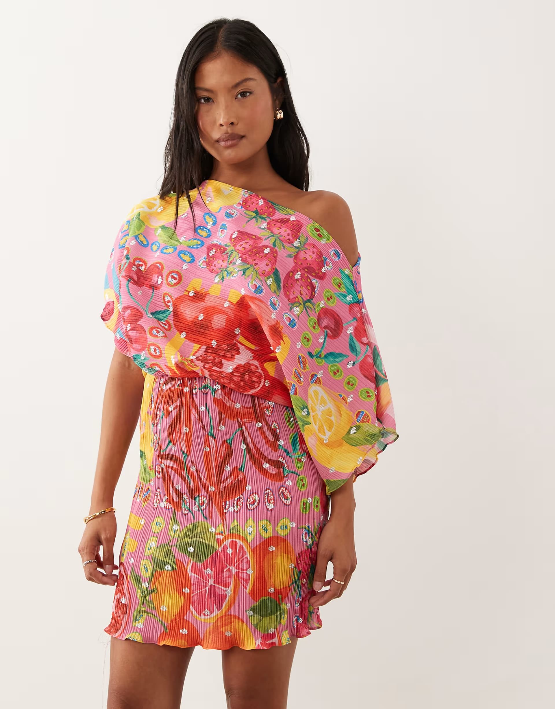 ASOS Never Fully Dressed Petite Tilly off shoulder plisse mini dress in pink fruit print