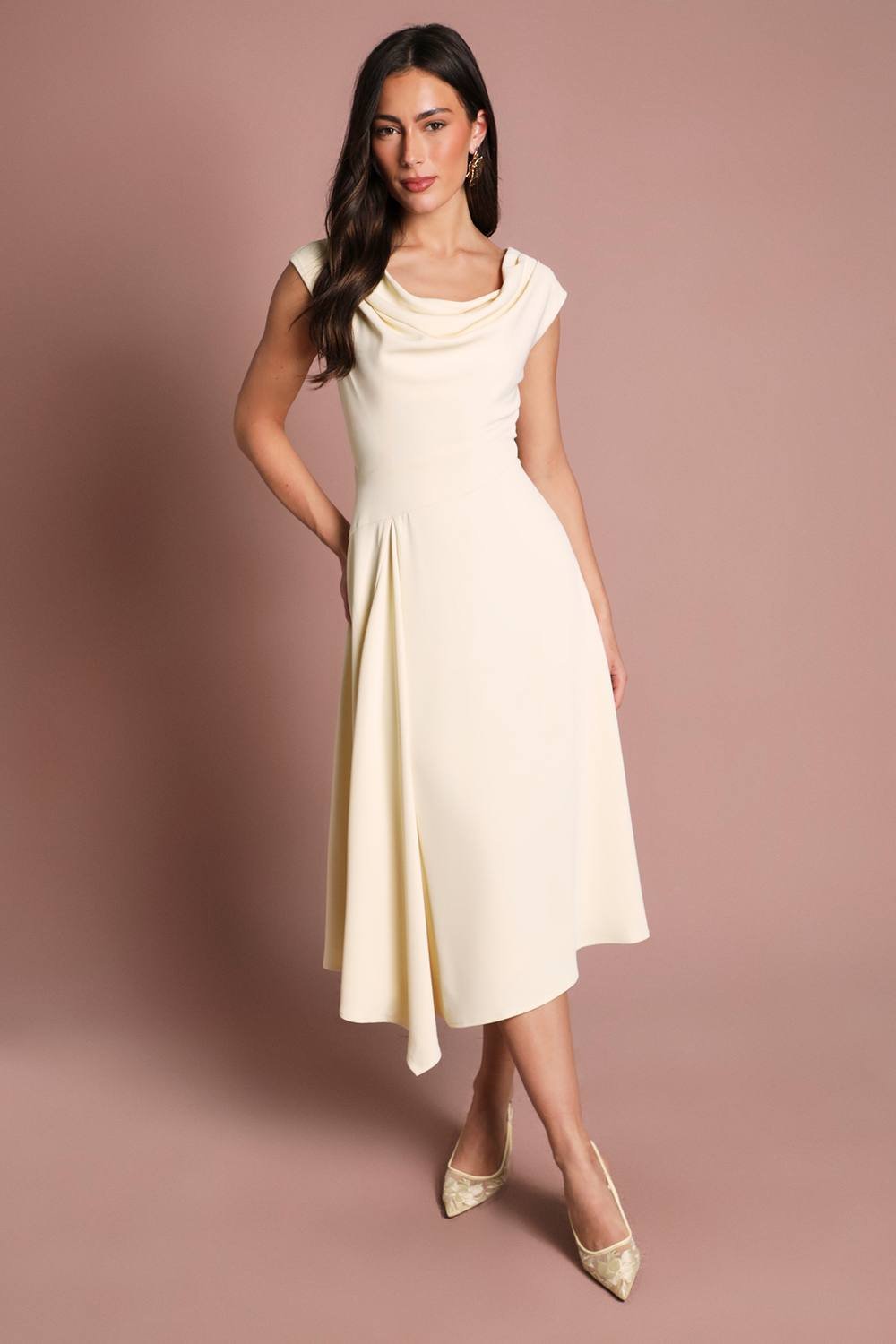 Coast Coast Women's Off The Shoulder Asymmetric Lightweight Crepe Midi Dress in Butter - 2