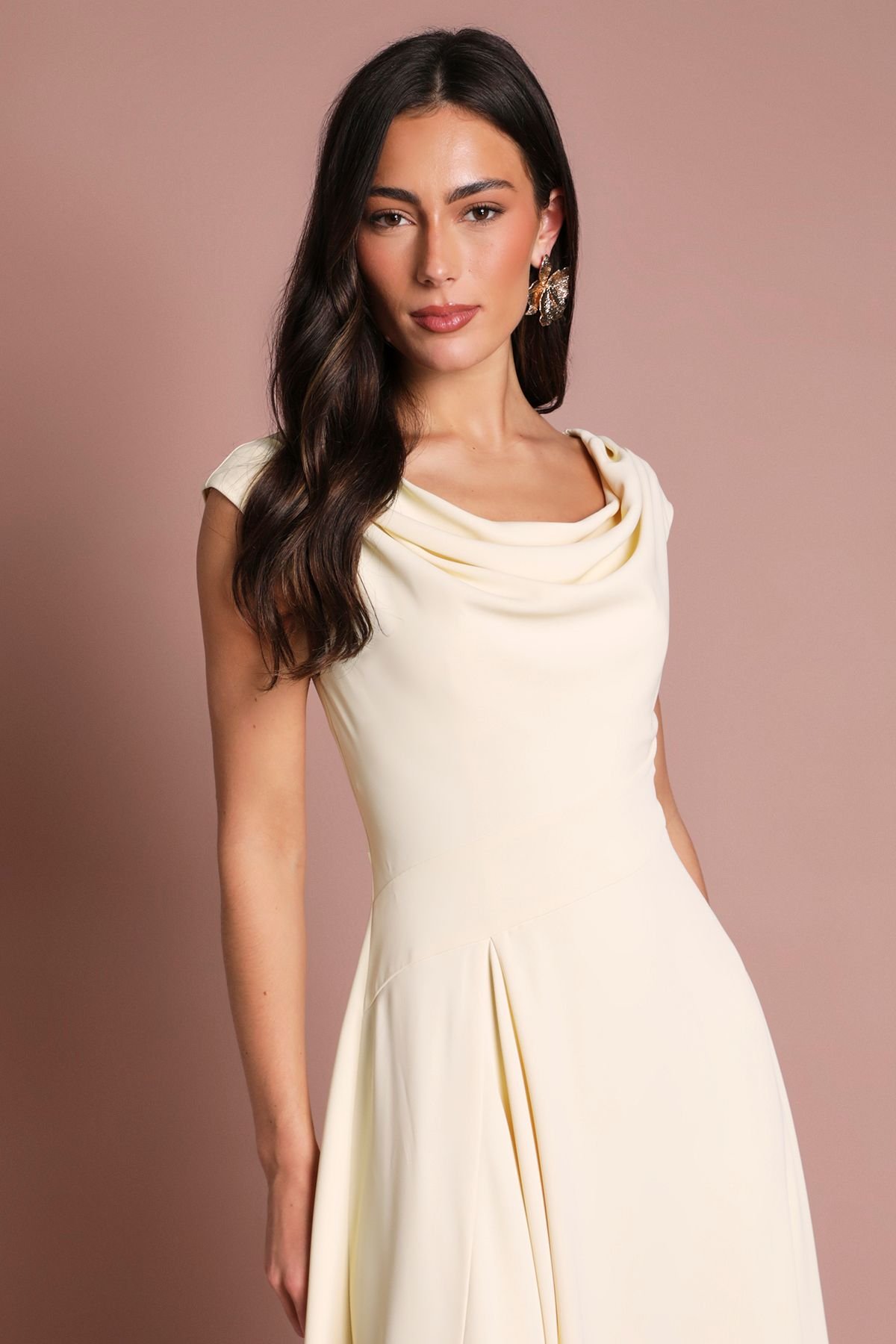 Coast Coast Women's Off The Shoulder Asymmetric Lightweight Crepe Midi Dress in Butter - 4