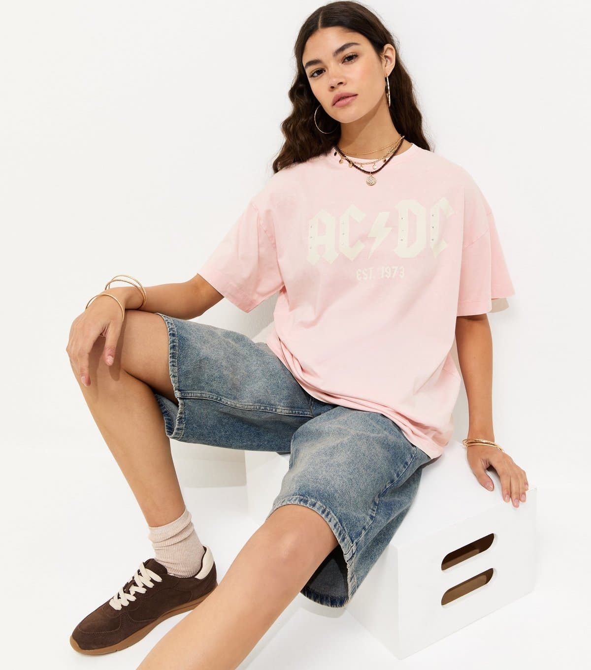 New Look Women's Pink ACDC Print Embellished Oversized T-Shirt New Look