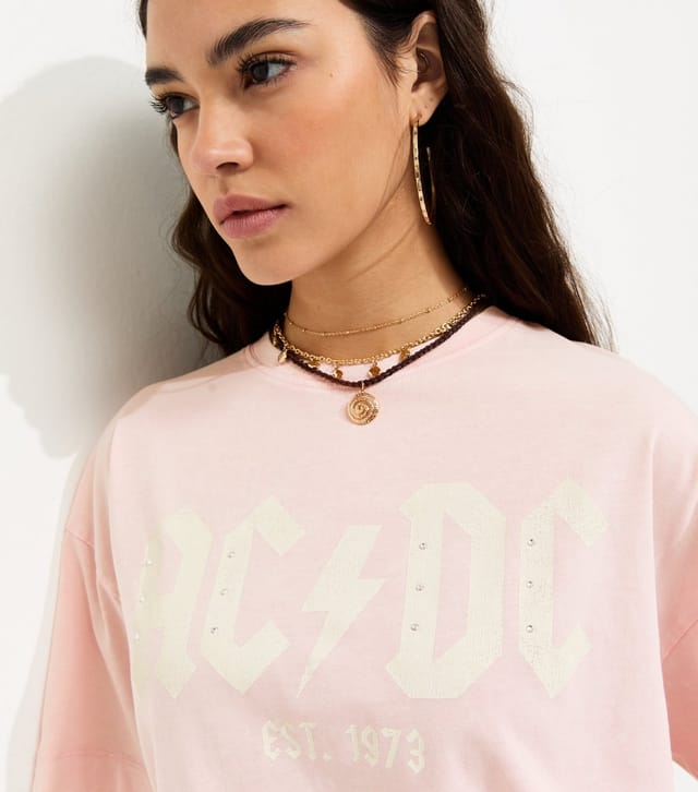 New Look Women's Pink ACDC Print Embellished Oversized T-Shirt New Look - 2