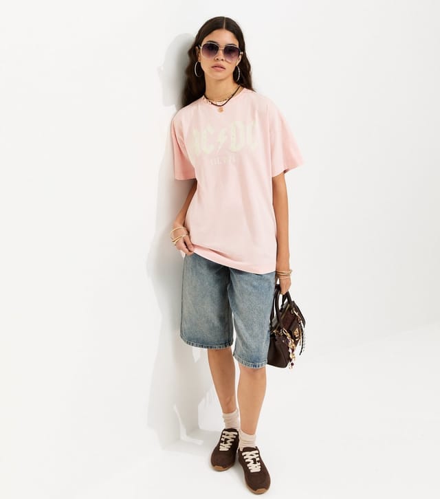New Look Women's Pink ACDC Print Embellished Oversized T-Shirt New Look - 3
