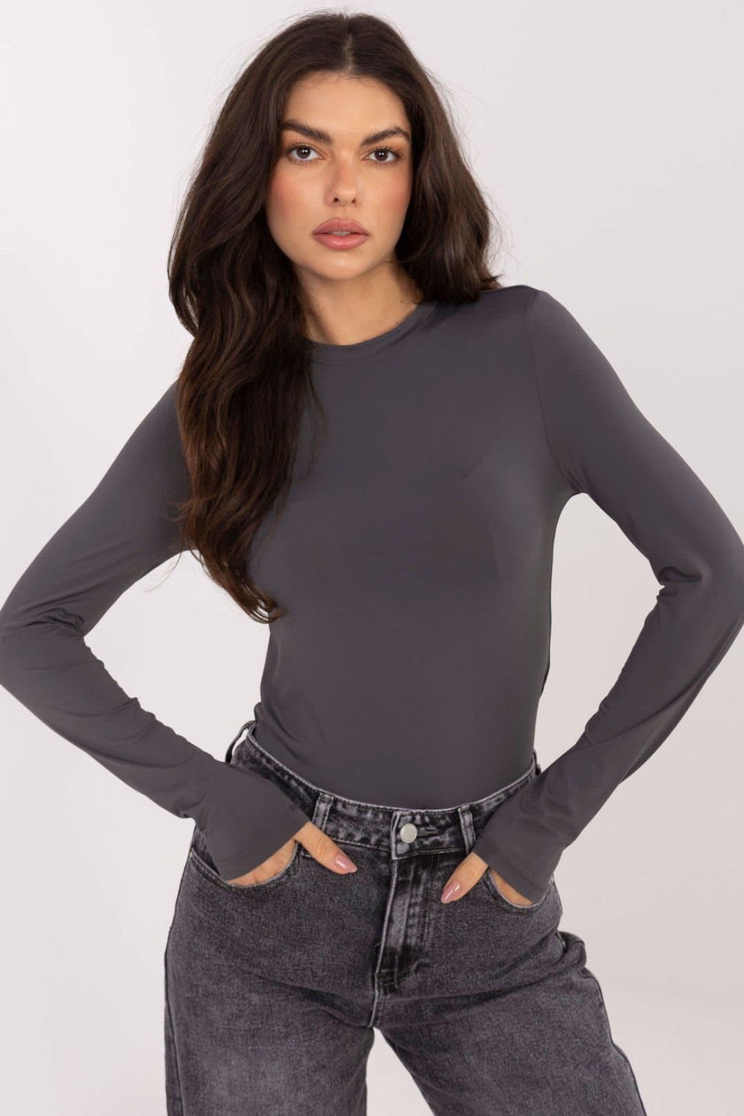 Love Lace Love Lace Women's Fitted Long Sleeve Round Neck Blouse Style 221944 in Grey