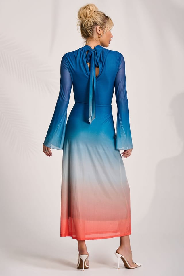 Jolie Moi Jolie Moi Women's Long Sleeve High Neck Mesh Dress in Blue - 2