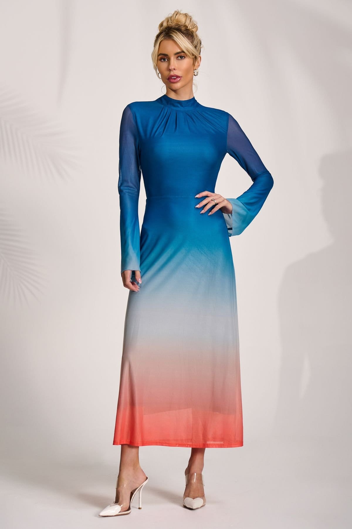 Jolie Moi Jolie Moi Women's Long Sleeve High Neck Mesh Dress in Blue - 4