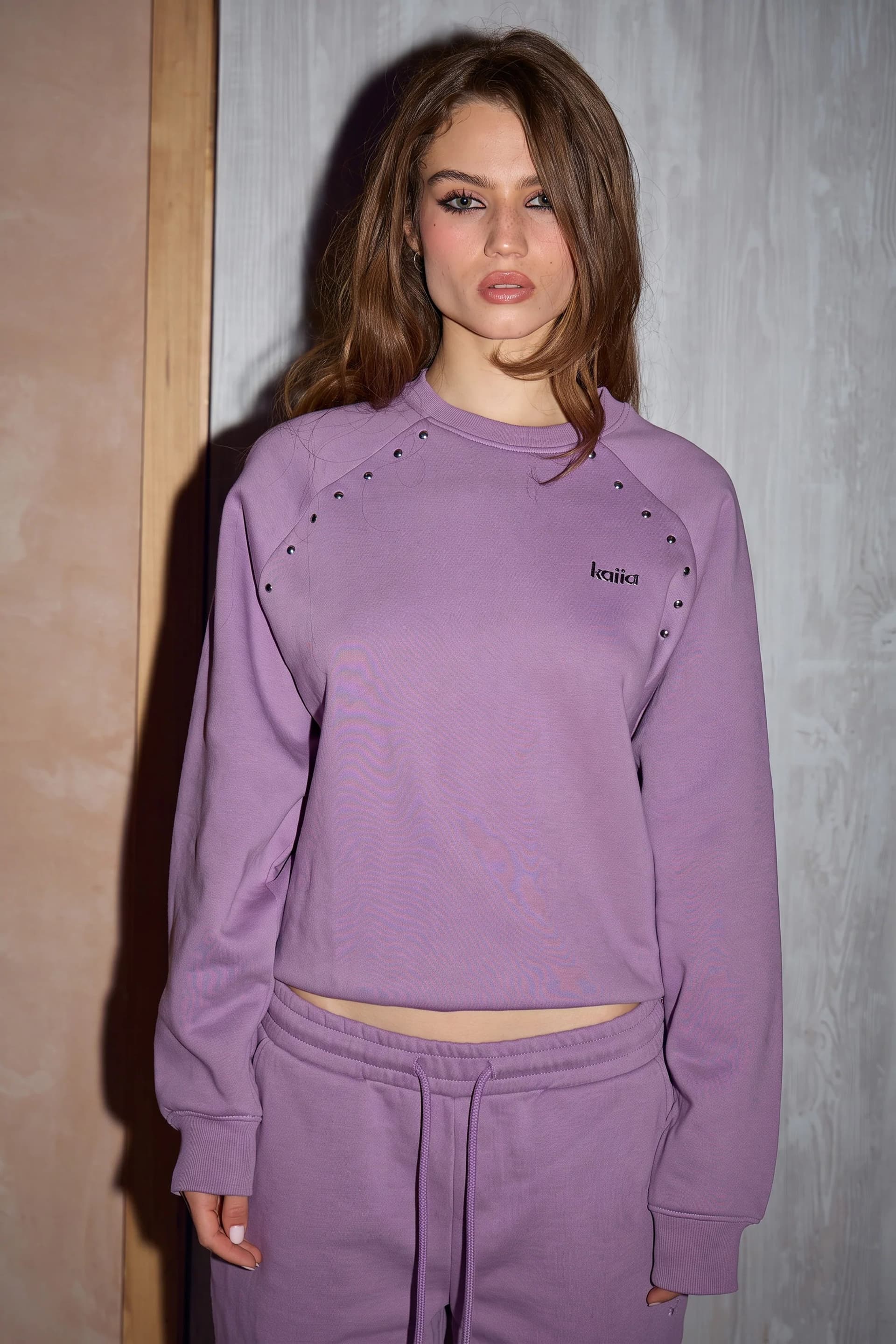 Kaiia Kaiia Stud Detail Raglan Sweatshirt Mid Plum