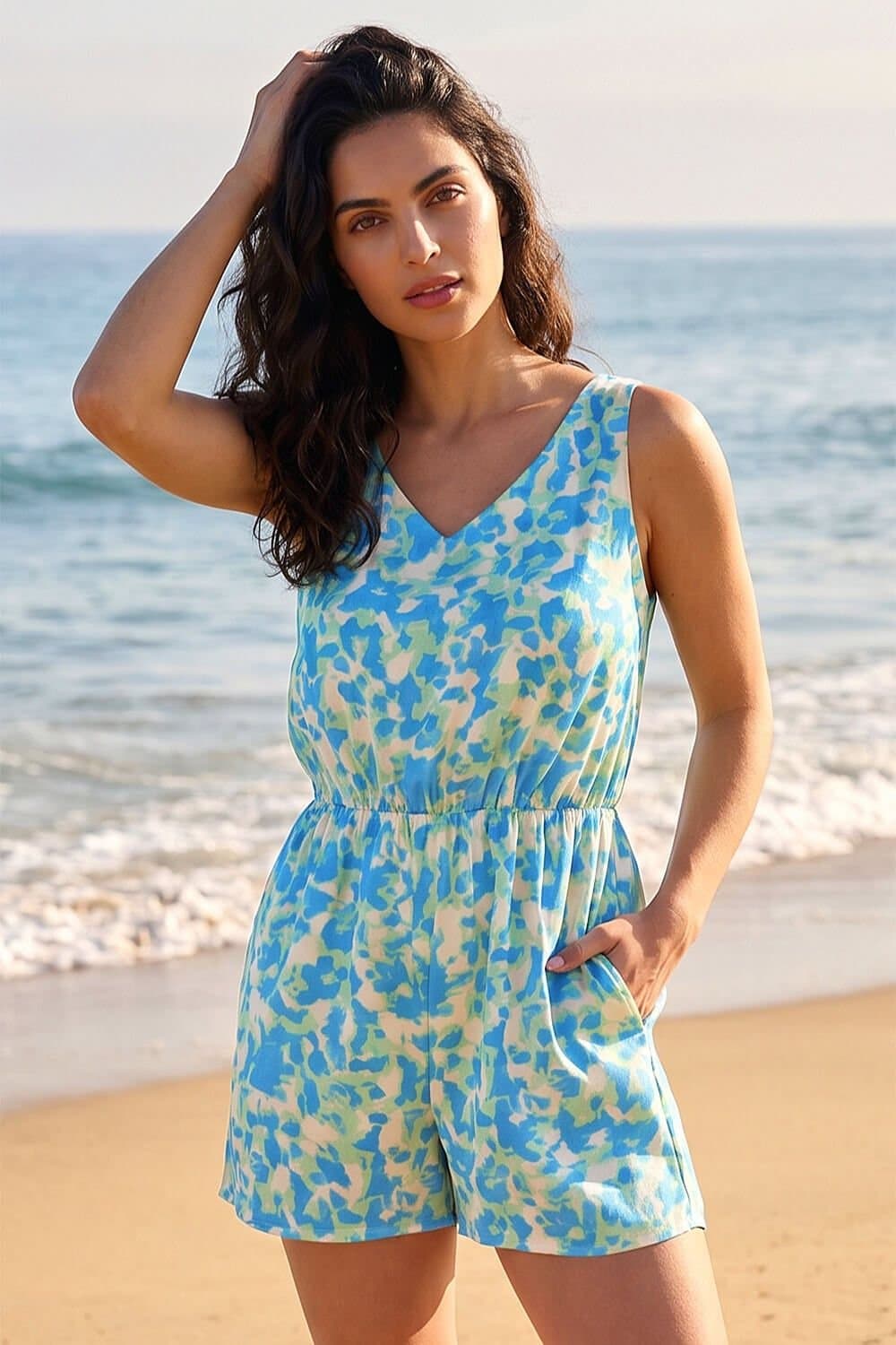 Dusk Dusk Women's Abstract V-Neck Playsuit in Blue