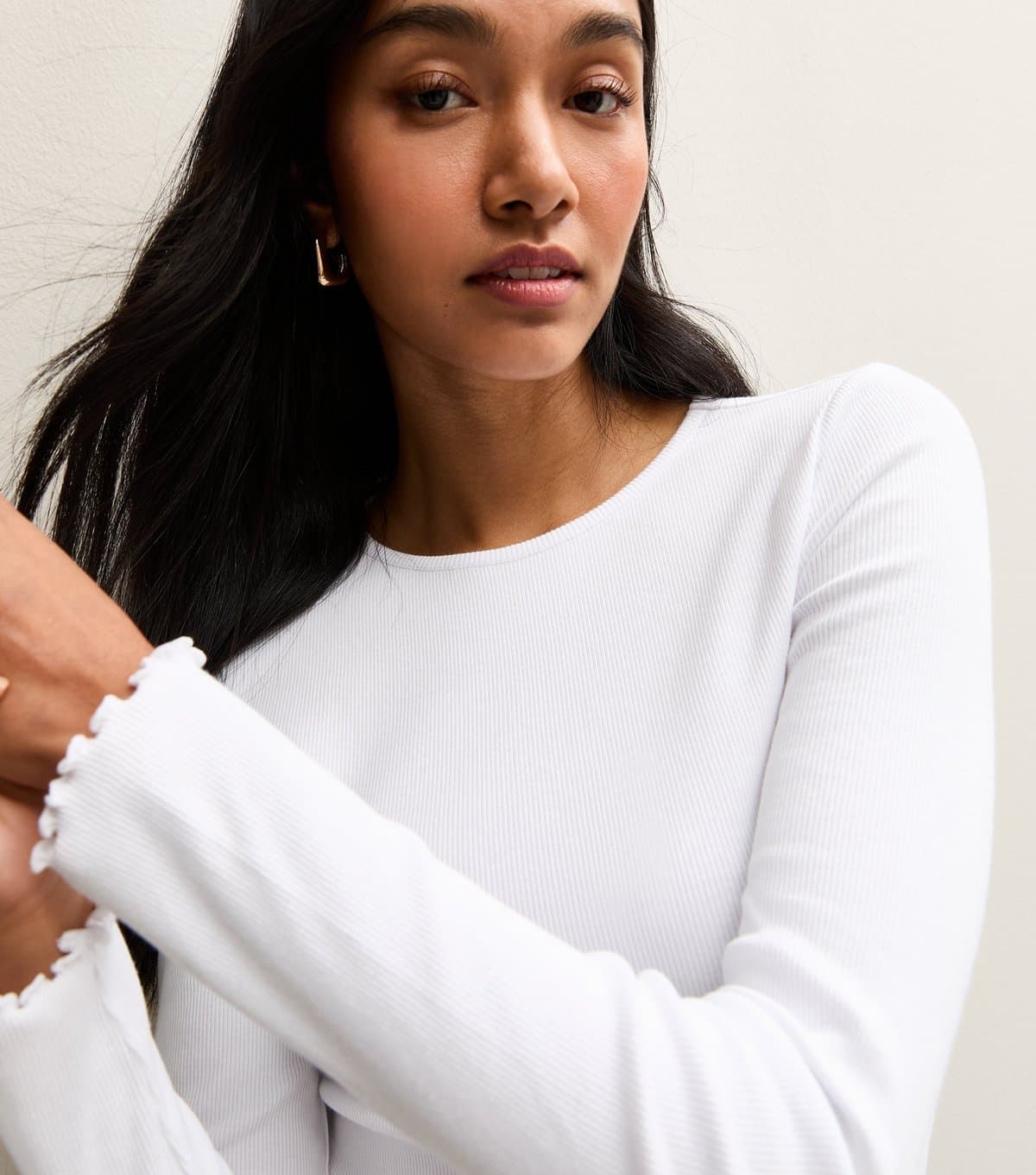 New Look Women's White Ribbed Long Sleeve Babylock T-Shirt New Look