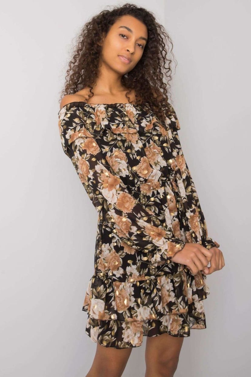 Love Lace Love Lace Women's Long Sleeve Spanish Neck Day Dress with Frill Hem in Black - 1