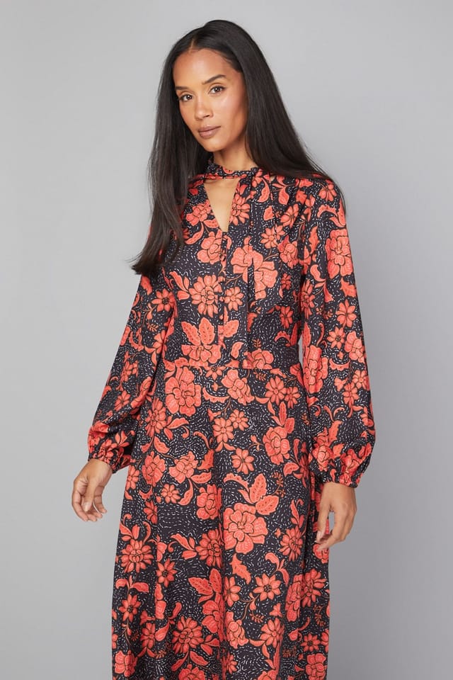 Wallis Wallis Women's Floral Button Tie Neck Midi Dress in Black - 2