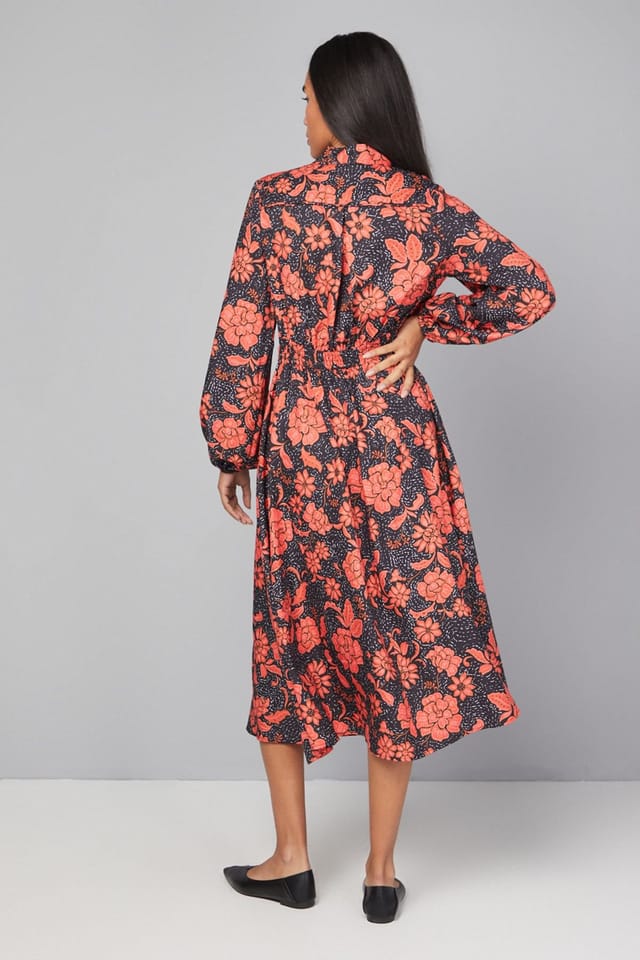 Wallis Wallis Women's Floral Button Tie Neck Midi Dress in Black - 3