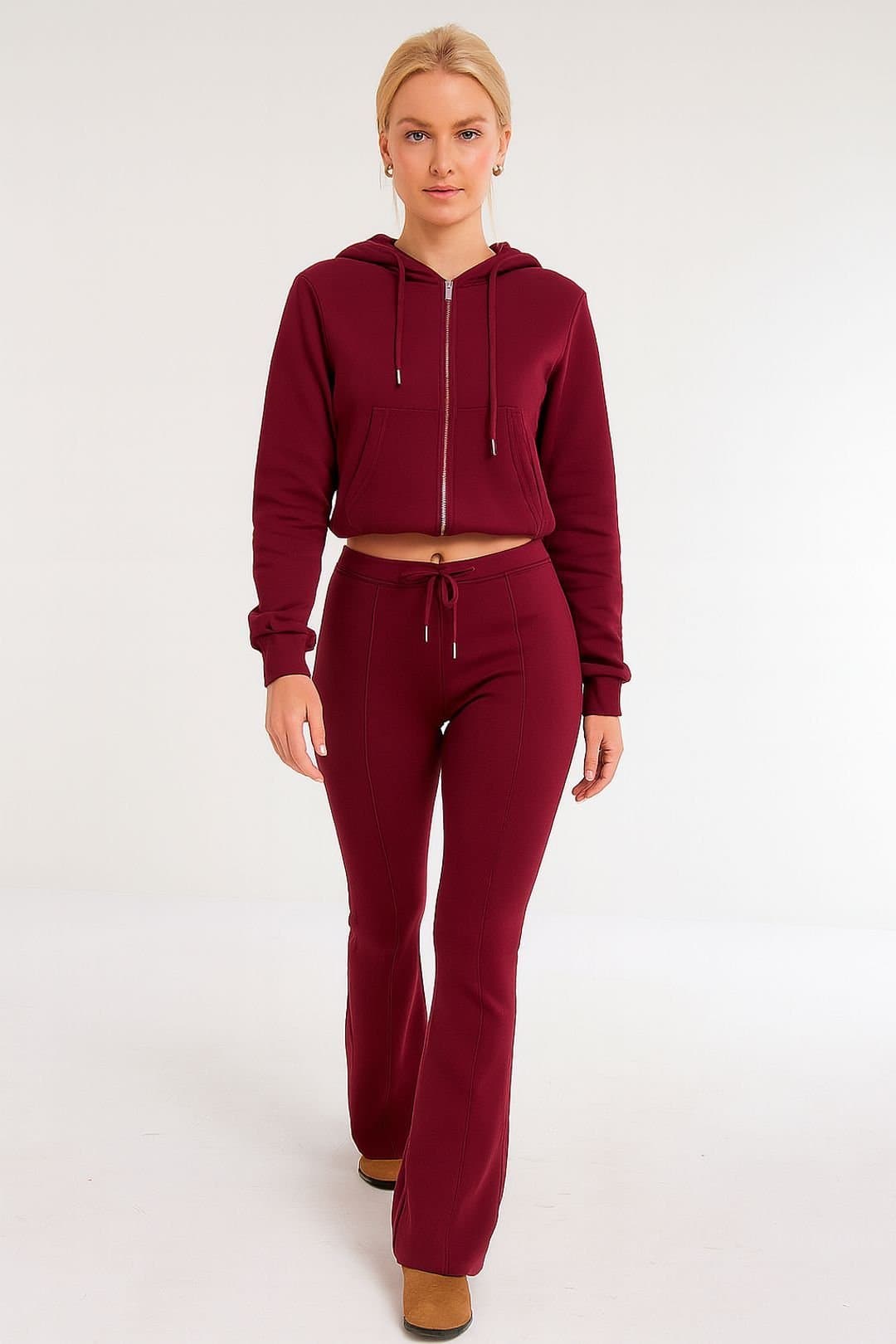 STYLEWISE STYLEWISE Women's Cropped Zip Hoodie & Flared Trouser Set - Interlock - Co-ord Set in Wine