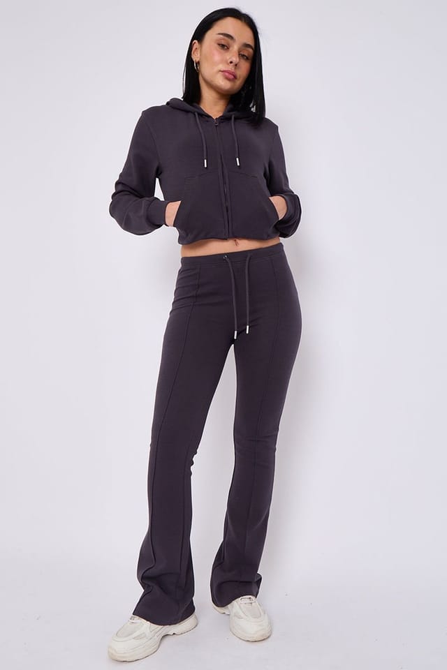 STYLEWISE STYLEWISE Women's Cropped Zip Hoodie & Flared Trouser Set - Interlock - Co-ord Set in Wine - 2