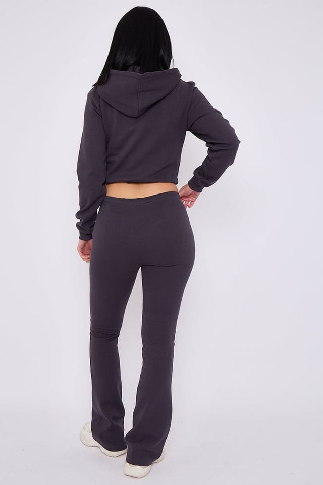 STYLEWISE STYLEWISE Women's Cropped Zip Hoodie & Flared Trouser Set - Interlock - Co-ord Set in Wine - 3