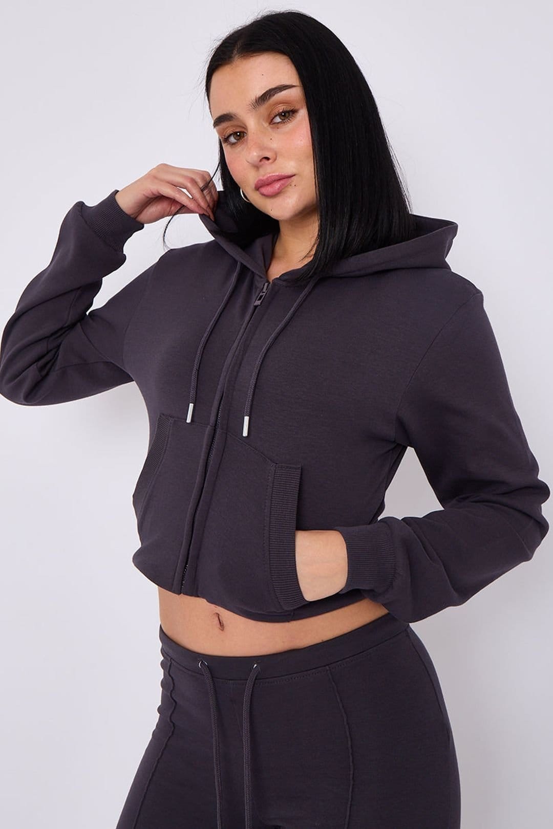 STYLEWISE STYLEWISE Women's Cropped Zip Hoodie & Flared Trouser Set - Interlock - Co-ord Set in Wine - 4
