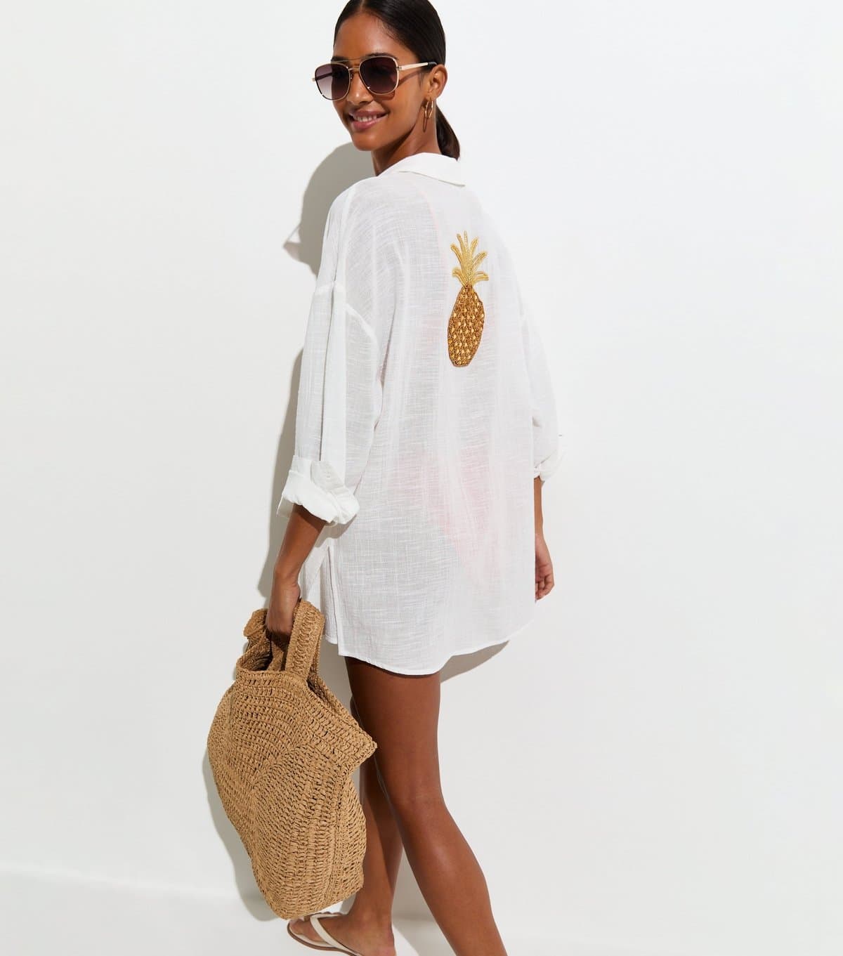 New Look Women's White Cotton Pineapple Beaded Oversized Beach Shirt New Look