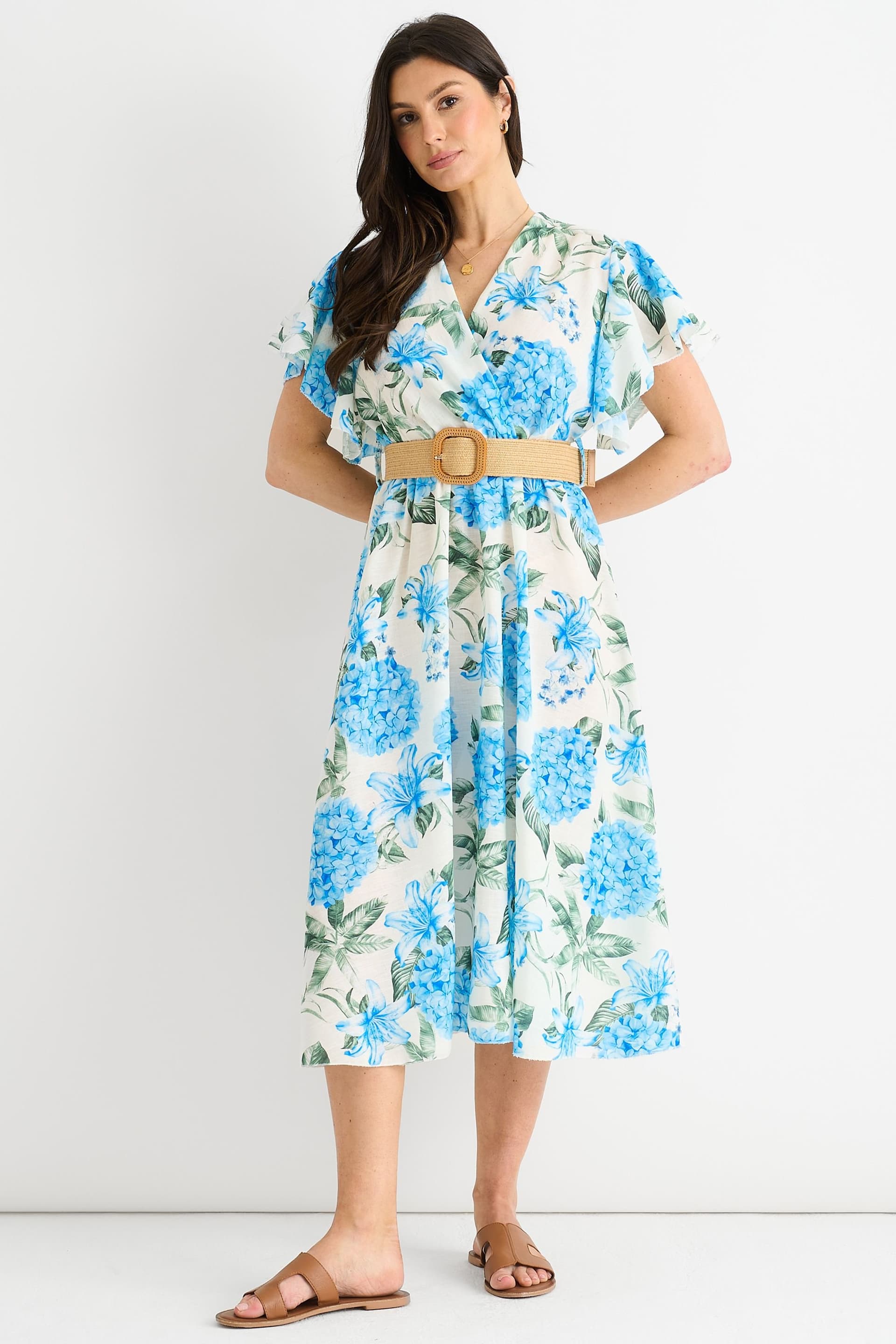 Gini London Gini London Women's Blue Floral Print Angel Sleeves Belted Wrap Midi Dress