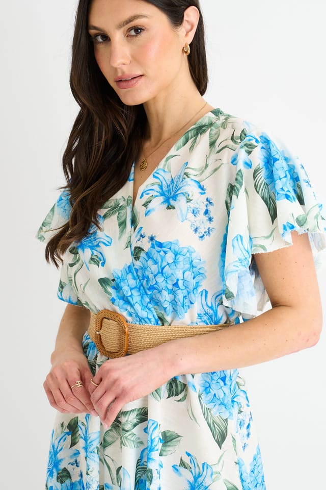 Gini London Gini London Women's Blue Floral Print Angel Sleeves Belted Wrap Midi Dress - 2
