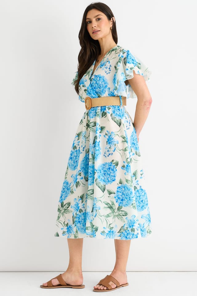 Gini London Gini London Women's Blue Floral Print Angel Sleeves Belted Wrap Midi Dress - 3