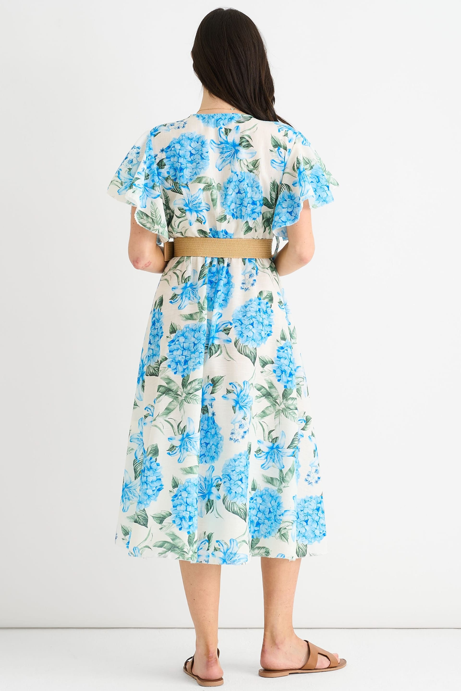 Gini London Gini London Women's Blue Floral Print Angel Sleeves Belted Wrap Midi Dress - 4