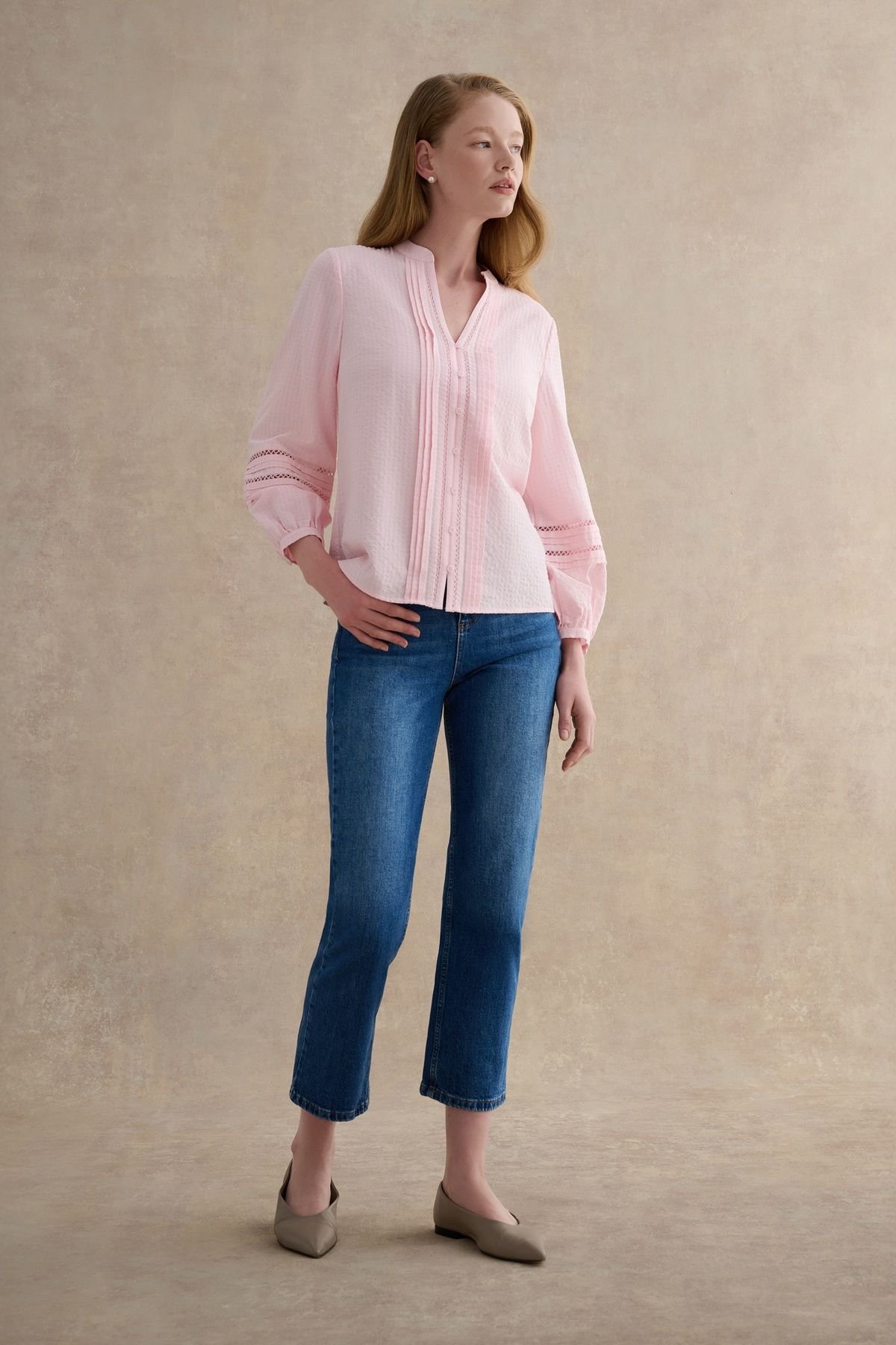 Hobbs London Hobbs London Women's Lucilla Pintuck Mandarin Collar Blouse in Pale Pink - 3