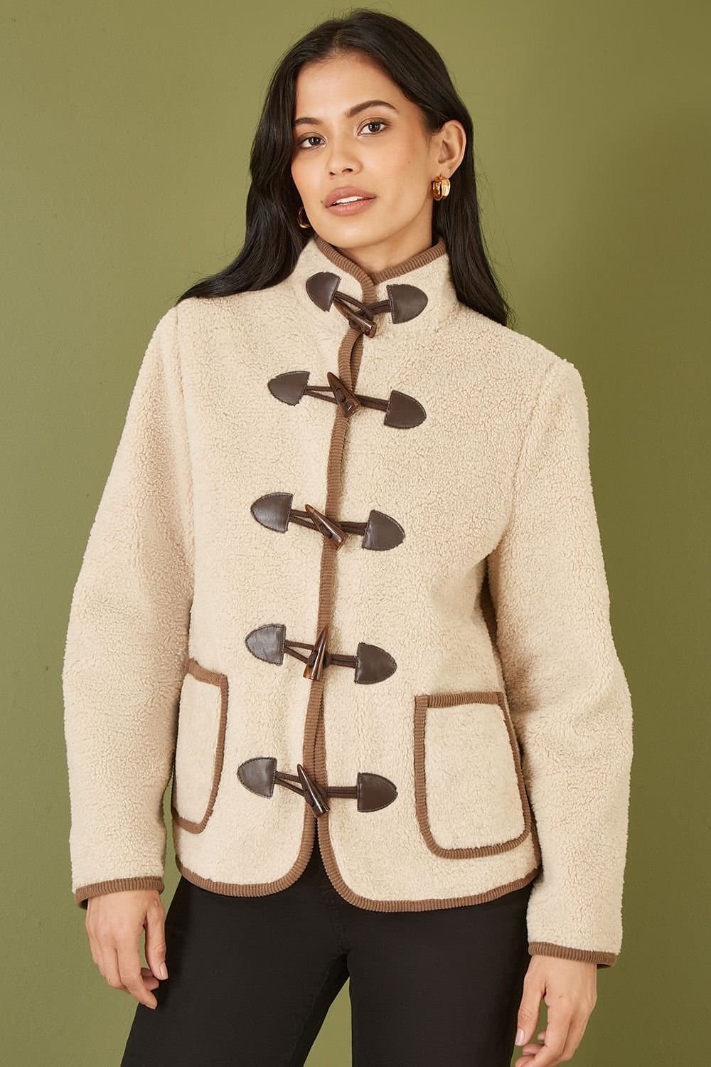 Yumi Yumi Women's Cream Borg Jacket With Faux Leather Button Details