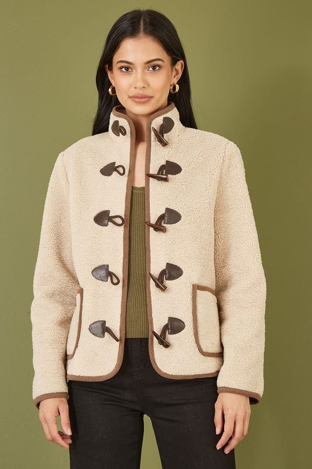 Yumi Yumi Women's Cream Borg Jacket With Faux Leather Button Details - 2