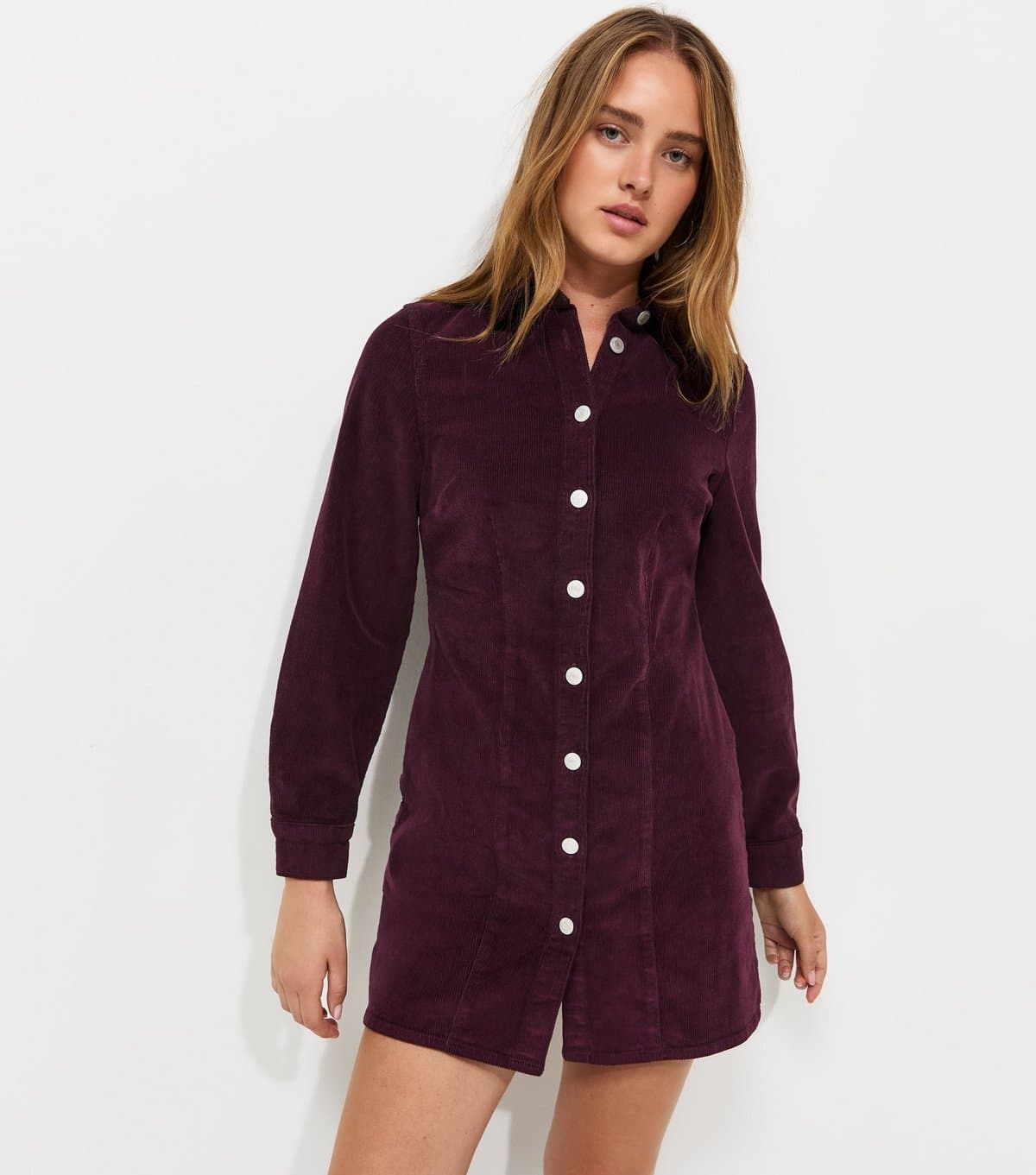 New Look Women's Dark Burgundy Corduroy Long Sleeve Mini Shirt Dress New Look