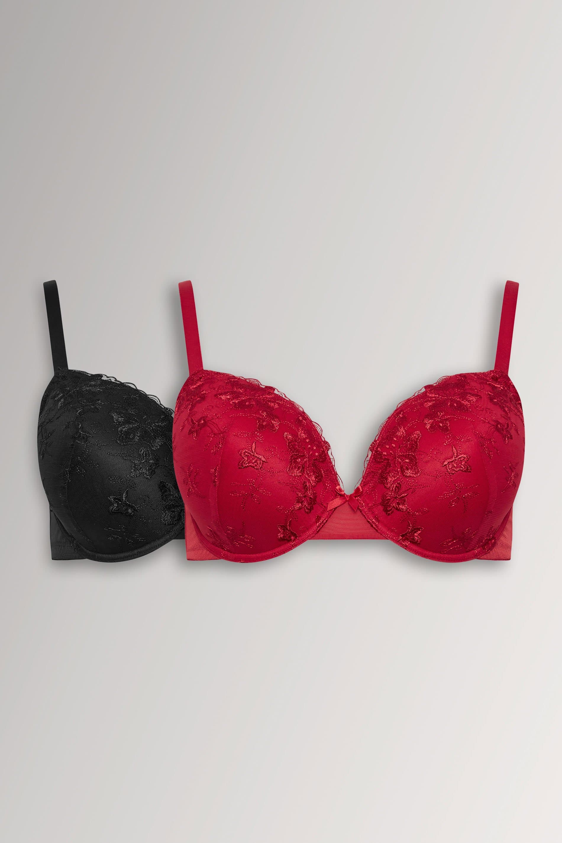 Yours Plus Size 2 Pack Red & Black Floral Embroidered Padded Bra