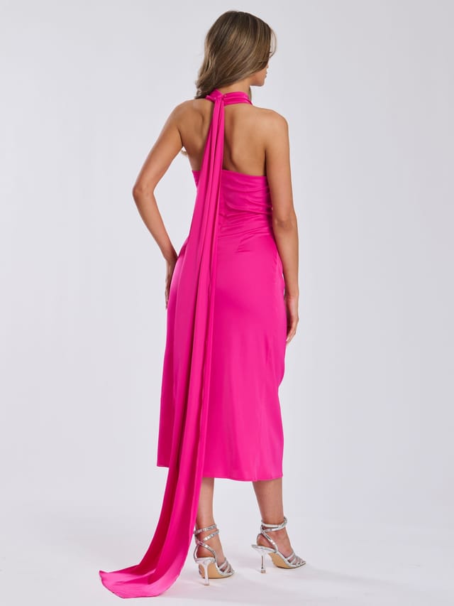 Finding Friday Finding Friday Women's Satin One Shoulder Midi Dress in Dark Pink - 3