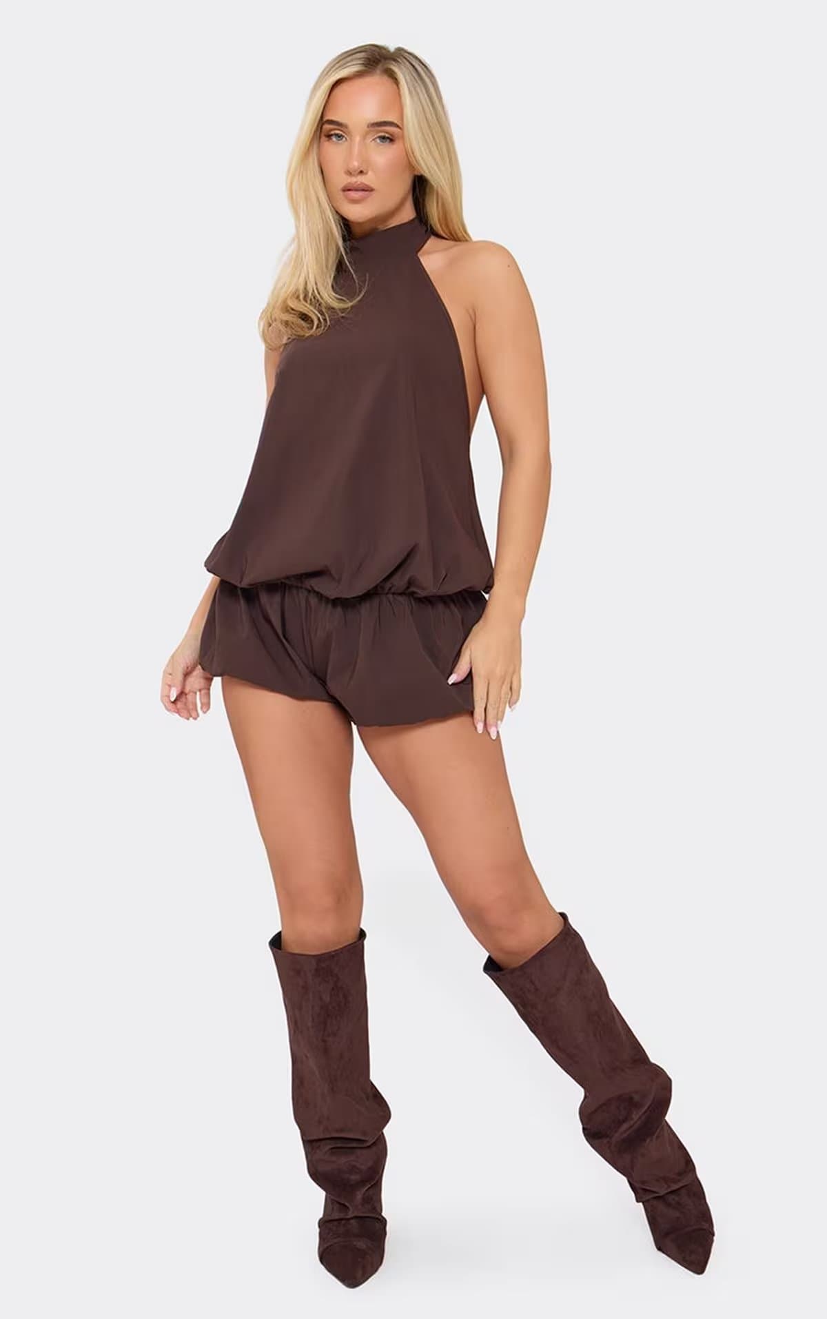 EGO Sleeveless High Neck Blouson Puffball Playsuit In Chocolate Brown, Women's Size UK 6