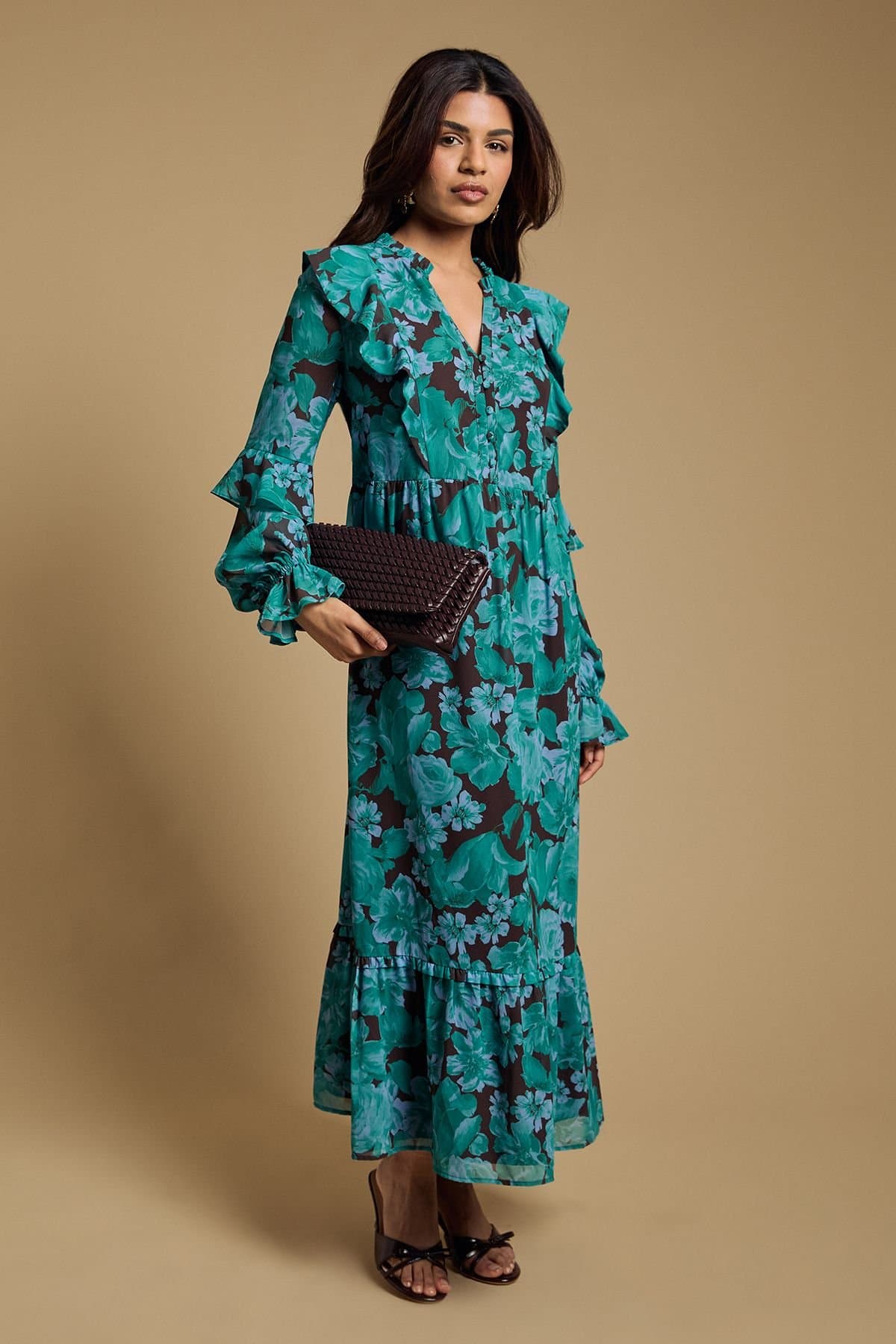 Oasis Oasis Women's Petite Long Sleeve Ruffle Chiffon Tiered Maxi Dress in Blue