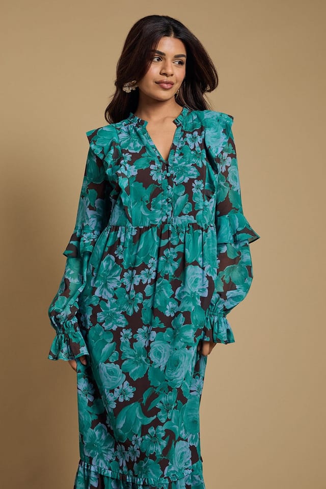 Oasis Oasis Women's Petite Long Sleeve Ruffle Chiffon Tiered Maxi Dress in Blue - 2