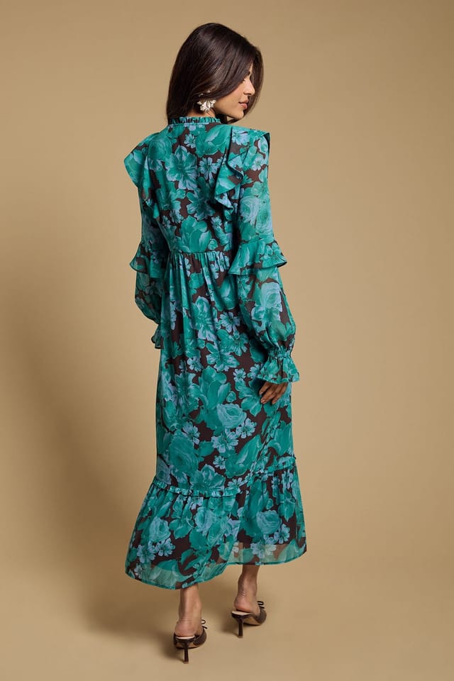 Oasis Oasis Women's Petite Long Sleeve Ruffle Chiffon Tiered Maxi Dress in Blue - 3