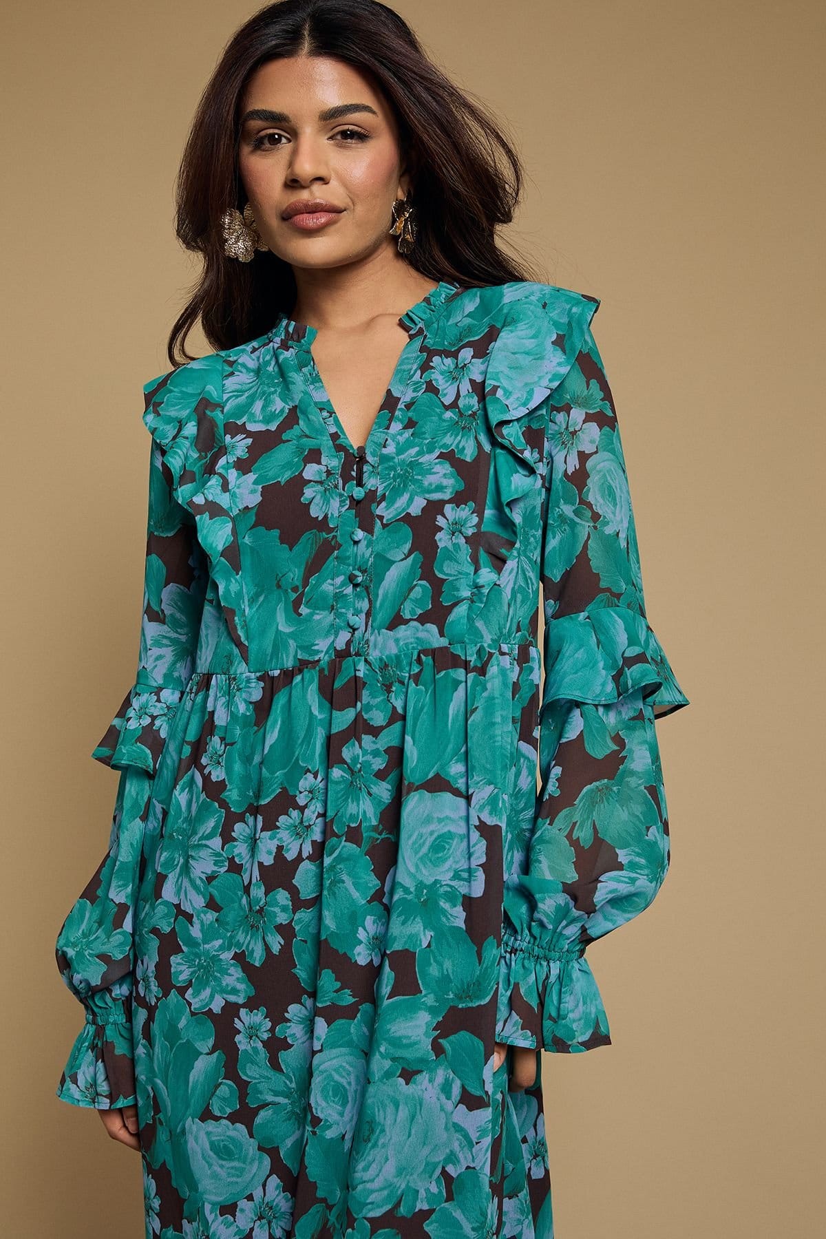 Oasis Oasis Women's Petite Long Sleeve Ruffle Chiffon Tiered Maxi Dress in Blue - 4