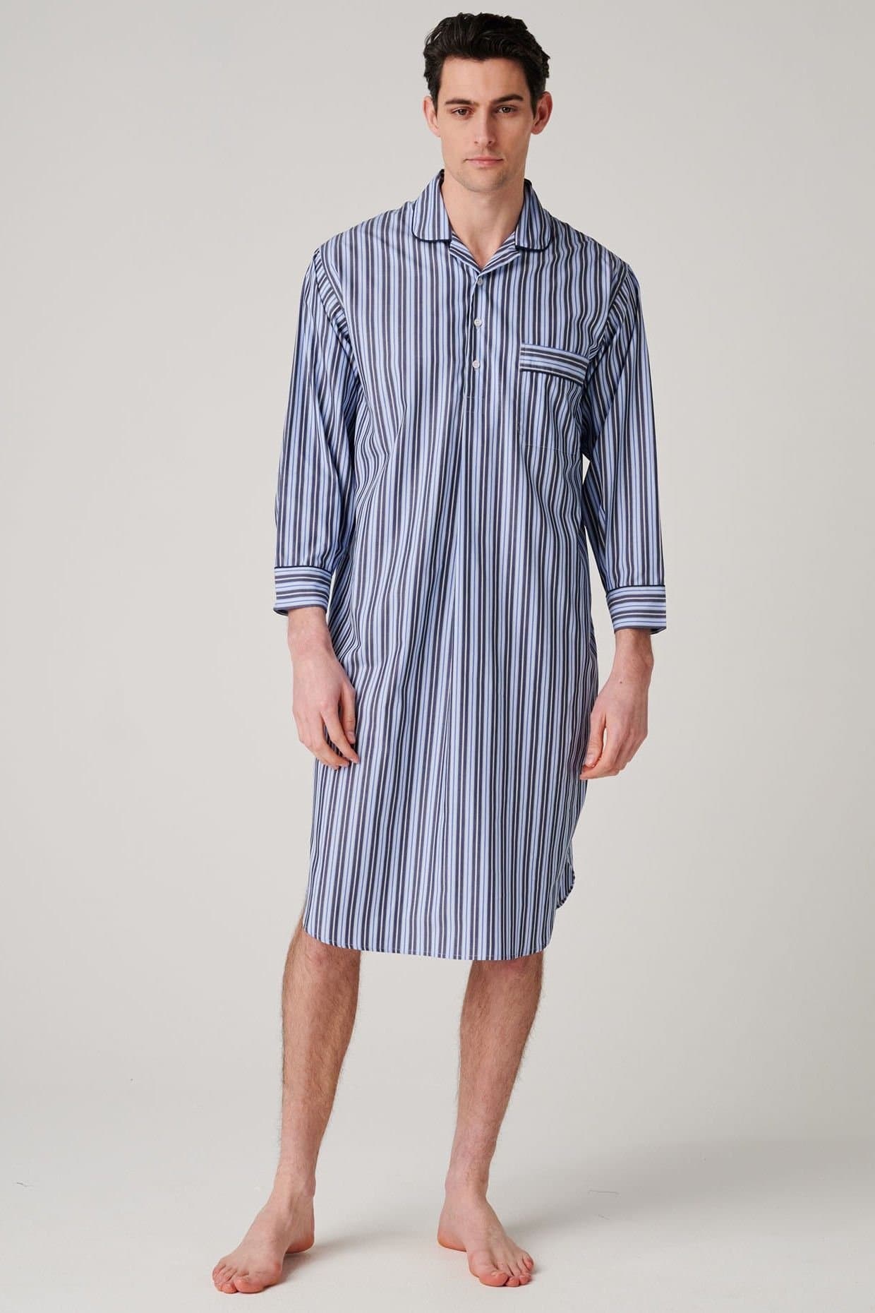 British Boxers British Boxers Men's "Navy Spark Stripe" Crisp Cotton Nightshirt in Mid Navy