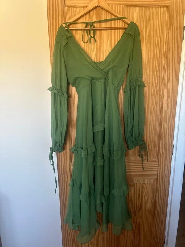 ASOS Design ASOS Design Green Long Sleeve Chiffon 70’s Style Tiered Ruffle Floaty Boho Dress Size 8