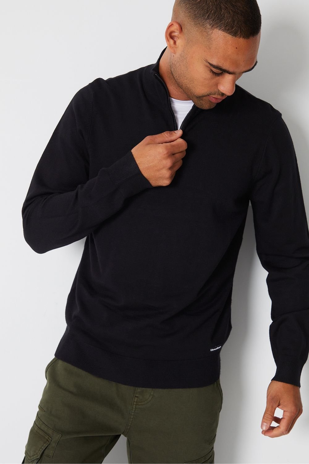 Threadbare Threadbare Men's 'Tucci' Funnel Neck Quarter Zip Knitted Jumper in Black - 4