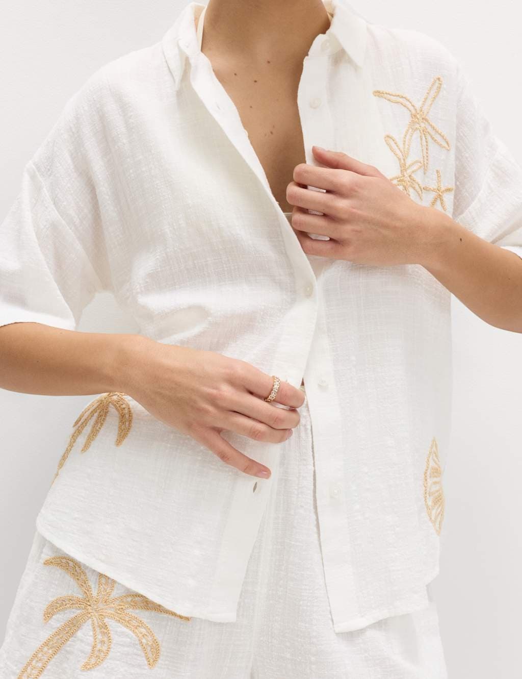 Marks & Spencer M&S Cotton Rich Embroidered Short Sleeve Beach Shirt Soft White