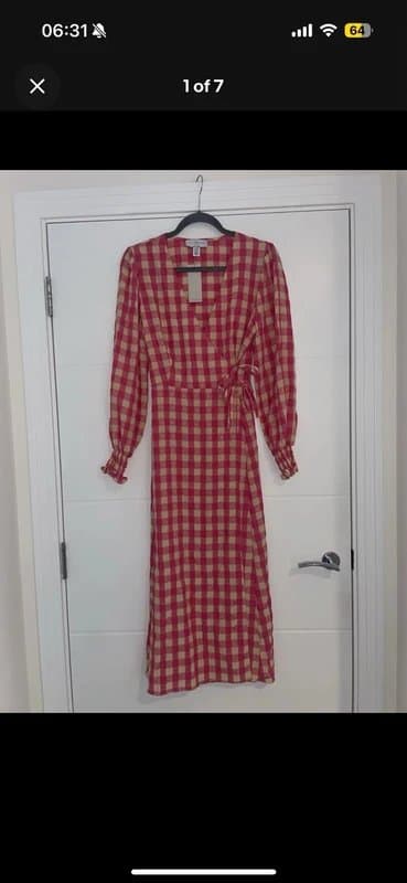 Never Fully Dressed Never Fully Dressed Pink Checked Flower Print Wrap Midi Dress Size 10 Summer Pretty
