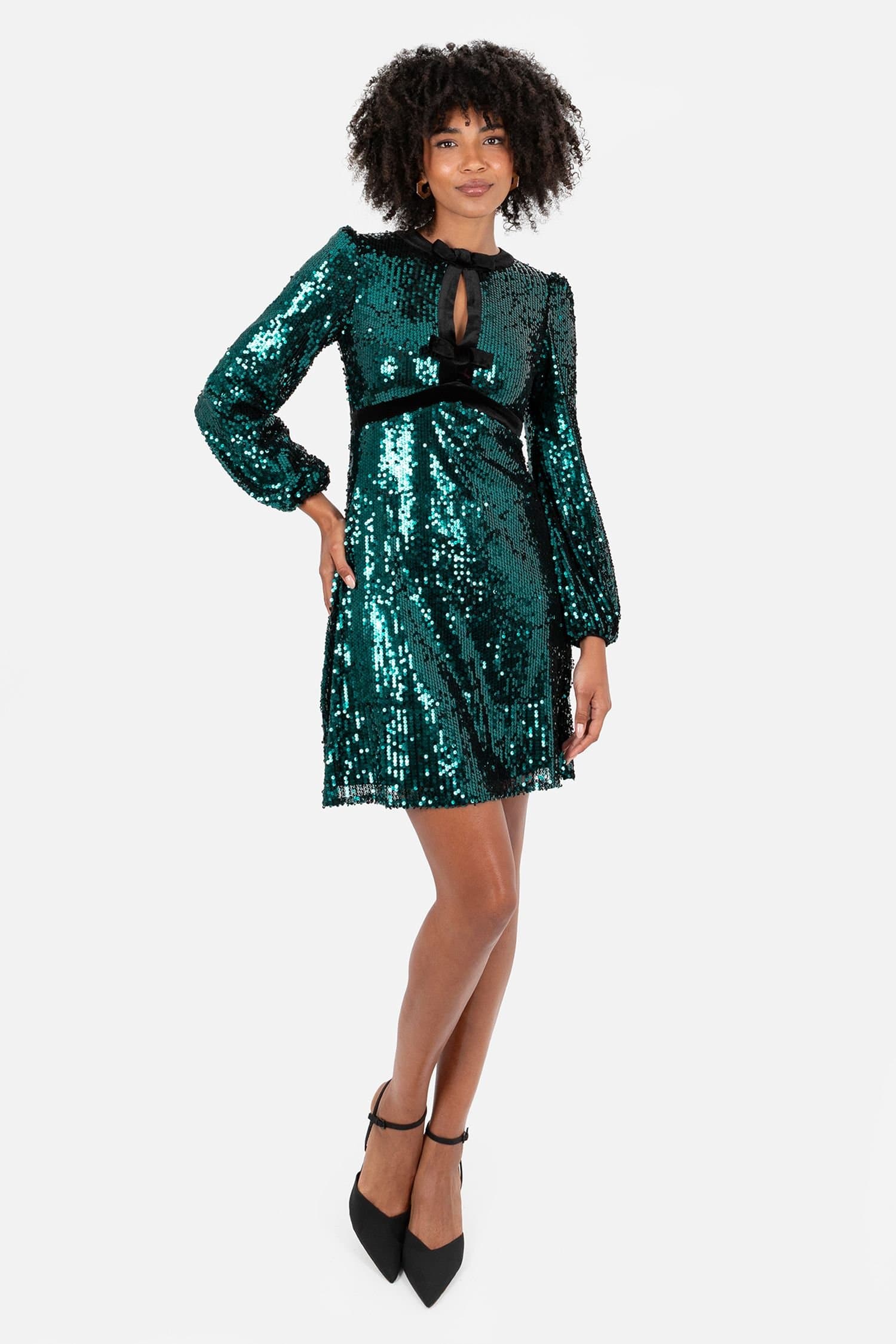 Lovedrobe Lovedrobe Women's Fully Embellished Velvet Bow Detail Mini Dress in Green