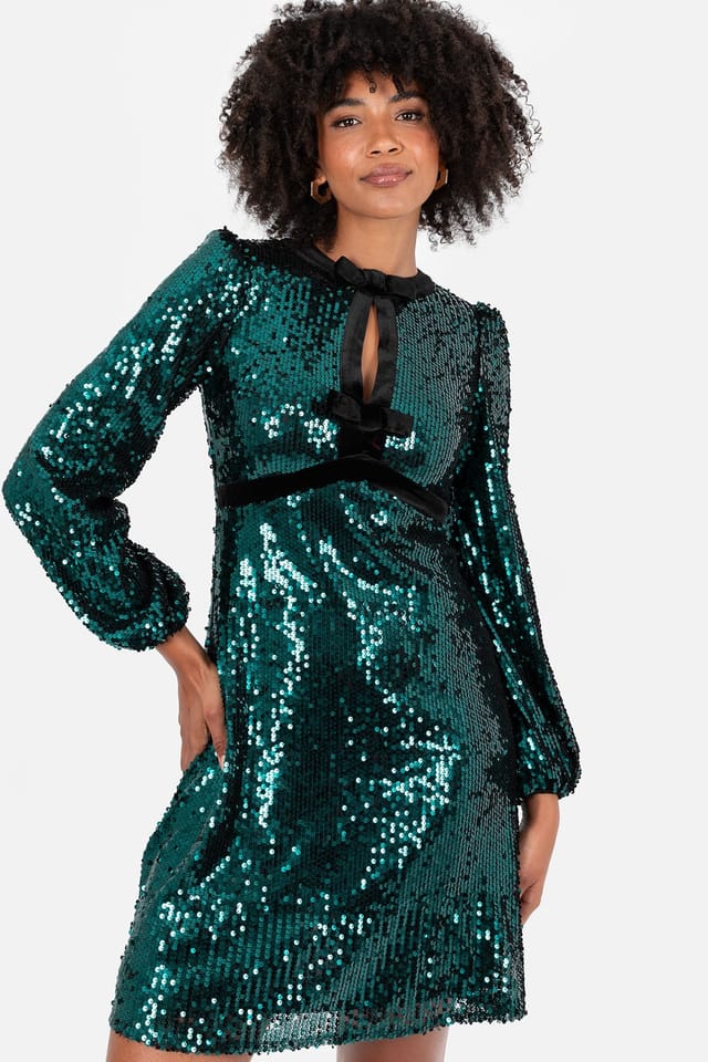 Lovedrobe Lovedrobe Women's Fully Embellished Velvet Bow Detail Mini Dress in Green - 3