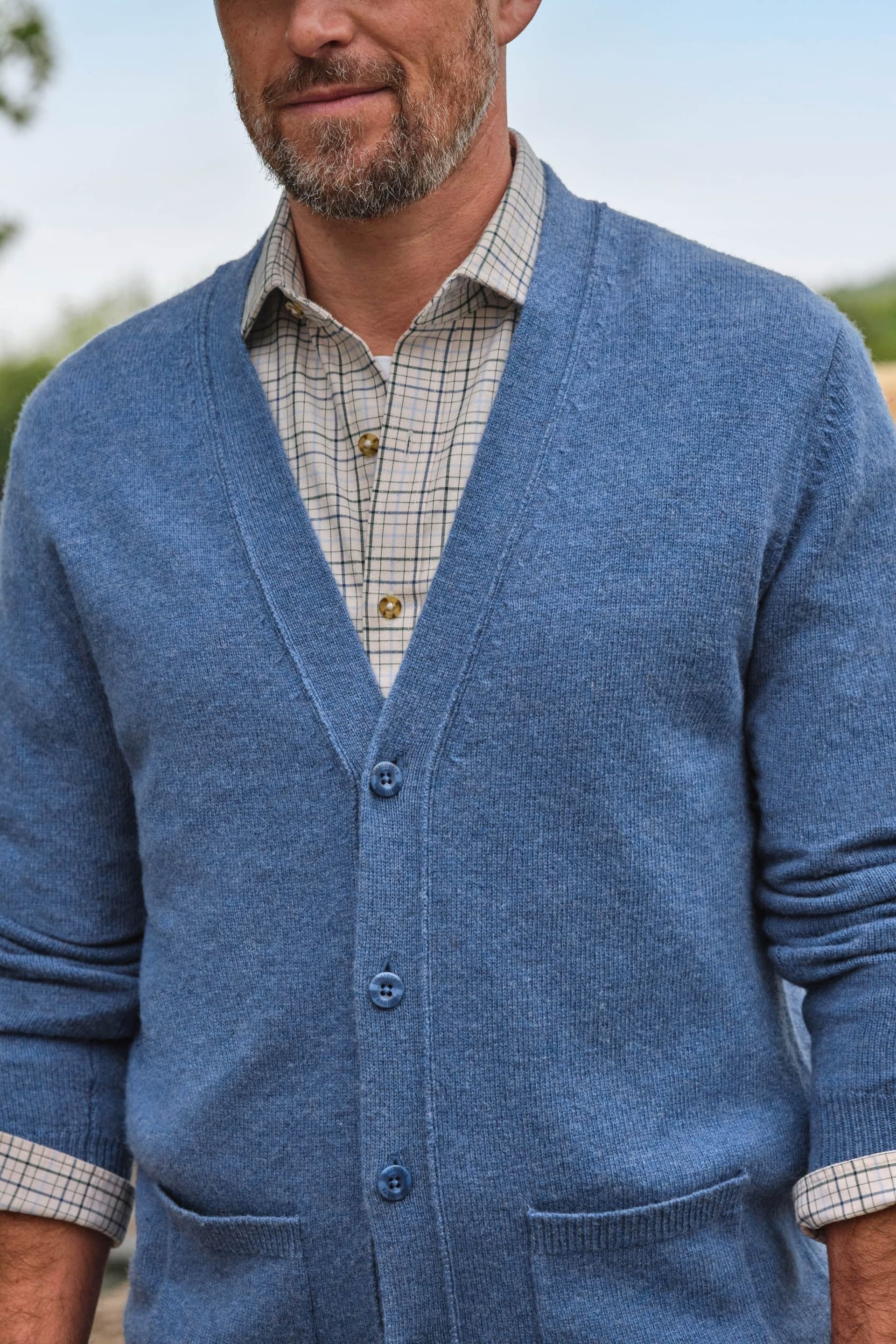 WoolOvers WoolOvers Men's 100% Wool V Neck Cardigan in Mid Blue